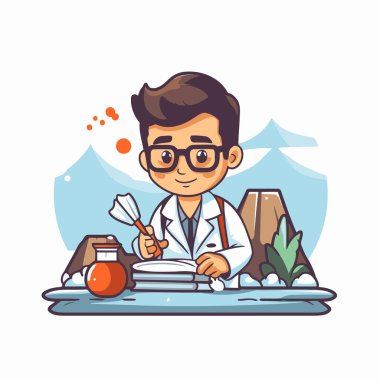 Laboratuvar önlüklü ve gözlüklü çizgi film bilimcisi deney yapıyor. Vektör illüstrasyonu.