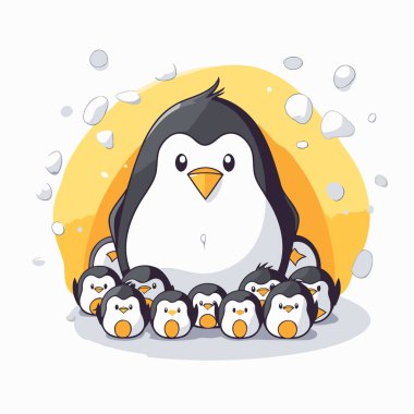 Sevimli penguen ailesi. Çizgi film pengueninin vektör illüstrasyonu.