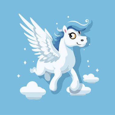 Gökyüzünde uçan kanatlı beyaz pegasus. Vektör illüstrasyonu
