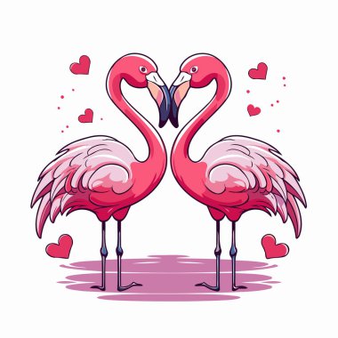 Aşık sevimli flamingo çifti. Çizgi film vektör çizimi beyaz arkaplanda izole edildi.