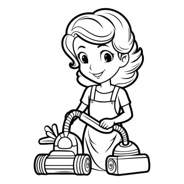 Çocuklar için boyama kitabı: elektrikli süpürgesi olan kız. Vektör illüstrasyonu.