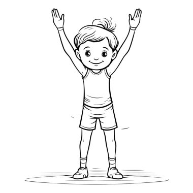 Kaldırılmış elleri olan sevimli, mutlu küçük bir kız. Vektör illüstrasyon çizimi.