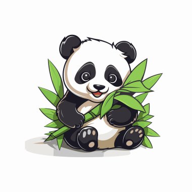 Tatlı panda oturuyor ve elinde bambu yaprakları tutuyor. Vektör illüstrasyonu.