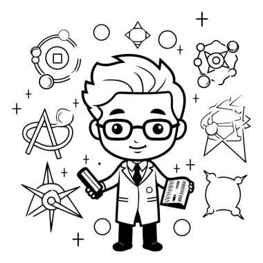Bilim ve eğitim unsurları olan bir çocuk. Çizgi film vektör illüstrasyon grafik tasarımı. Siyah ve beyaz.