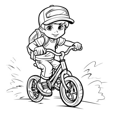 Bisiklet süren küçük bir çocuk. siyah ve beyaz vektör çizgi film çizimi.