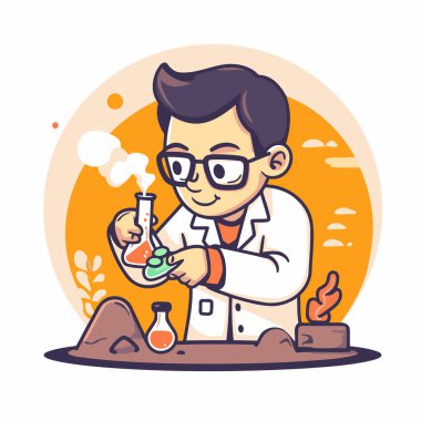 Laboratuvarda çalışan sevimli bilim adamı çocuk. Çizgi film tarzında vektör illüstrasyonu.