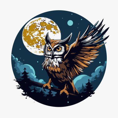 Gece gökyüzünde dolunay olan baykuş. Vektör illüstrasyonu.