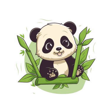 Bambu çerçevesinde oturan sevimli panda. Vektör çizgi film illüstrasyonu.