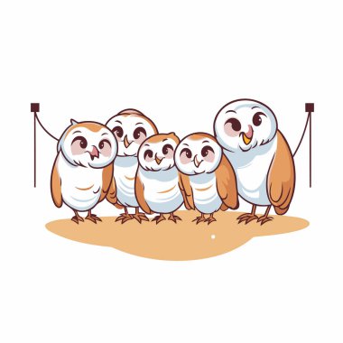 Baykuş ailesi vektör illüstrasyonu. Sevimli çizgi film baykuşları ailesi.