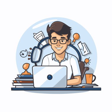 Bilgisayarda çalışan bir adam. Düz bir şekilde vektör illüstrasyonu.