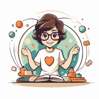 Gözlüklü çizgi film çocuğu kitap okuyor. Vektör illüstrasyonu.