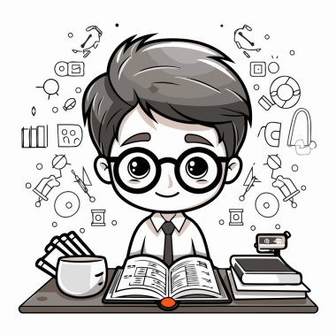 Masasında otururken kitap okuyan bir çocuğun canlandırması.