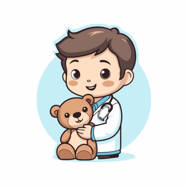 Oyuncak ayılı bir çocuk doktoru. Çizgi film tarzında vektör illüstrasyonu.