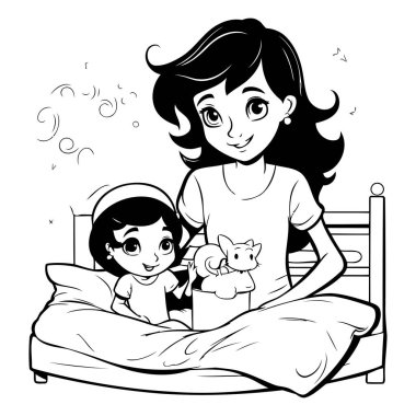 Anne ve kızı yataktalar. Boyama kitabı için siyah ve beyaz vektör çizimi.