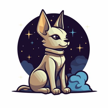 Gece gökyüzünün arka planında oturan sevimli köpek. Vektör illüstrasyonu.