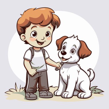 Çocuk ve köpek çizgi filmi. Bir çocuk ve köpeğin vektör çizimi.