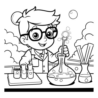 Laboratuvarda Deney Yapan Kimyager Çocuk 'un Siyah ve Beyaz Çizgi Filmleri