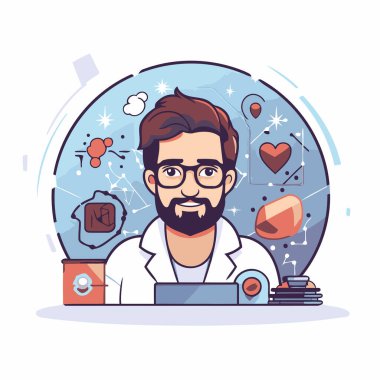 Steteskoplu ve bilgisayarlı bir doktor. Düz biçimli vektör illüstrasyonu