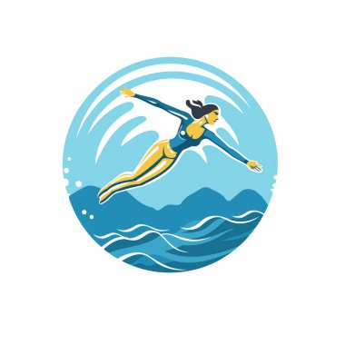 Yüzme havuzu spor logosu şablonu. Yüzen kadın silueti. Vektör illüstrasyonu