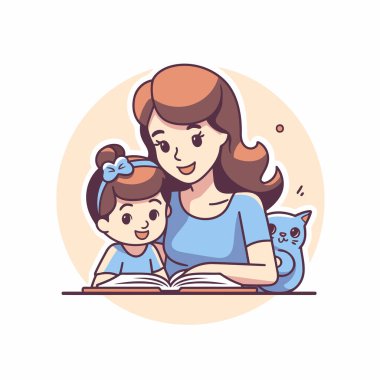 Anne oğluyla kitap okuyor. Çizgi film tarzında vektör illüstrasyonu.
