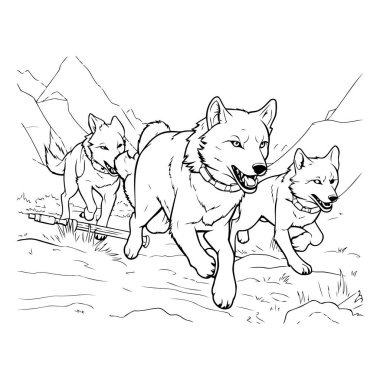 Dağlarda koşan bir köpek sürüsünün çizimi..