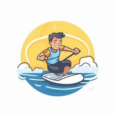 Denizde bir wakeboard üzerinde adam. Çizgi film tarzında vektör illüstrasyonu