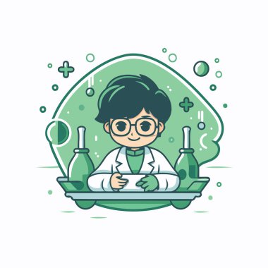 Laboratuvar önlüğü ve gözlüklü şirin bir çocuğun vektör çizimi..