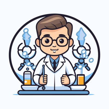 Bilim adamı çizgi film karakteri. Düz tasarım tarzında vektör illüstrasyonu.