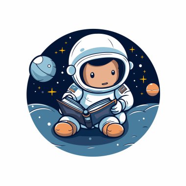Astronot ayda oturuyor ve kitap okuyor. Vektör illüstrasyonu.