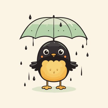 Şemsiyesi ve yağmuru olan sevimli bir penguen. Vektör çizgi film illüstrasyonu.