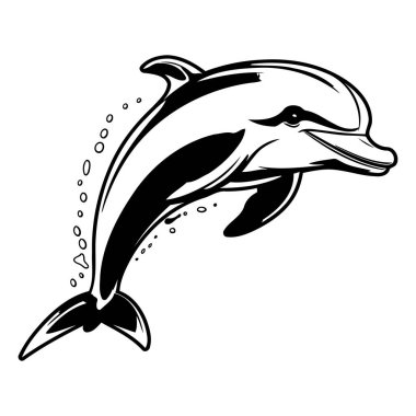 Beyaz arka planda yunus zıplaması. Siyah ve beyaz vektör çizimi.