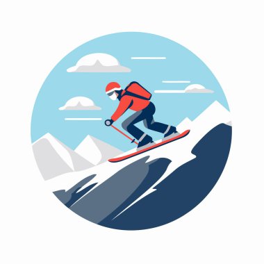 Karlı dağda atlayan snowboardcu. Düz biçim vektör illüstrasyonu.