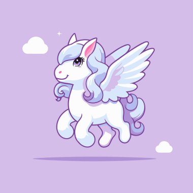 Gökyüzünde uçan kanatlı şirin tek boynuzlu at çizgi filmi. Vektör illüstrasyonu