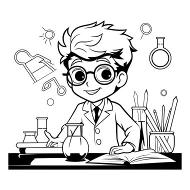 Laboratuvarda bilimsel deneyler yapan bir çocuğun siyah beyaz çizimi..