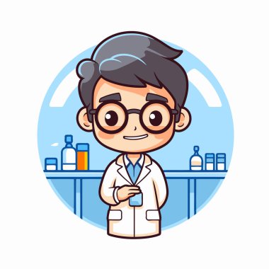 Laboratuvar önlüğü ve gözlüklü bilim adamı çizgi film karakteri. Vektör illüstrasyonu.