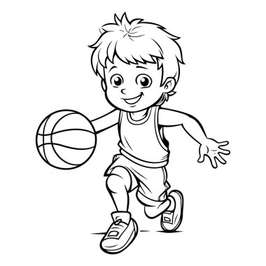 Basketbol oynayan çocuk. Çocuklar için boyama kitabı. Vektör illüstrasyonu.