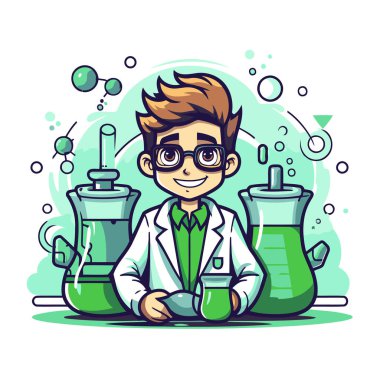 Bilim adamı çizgi film karakteri. Laboratuvarda bir bilim adamının vektör çizimi.