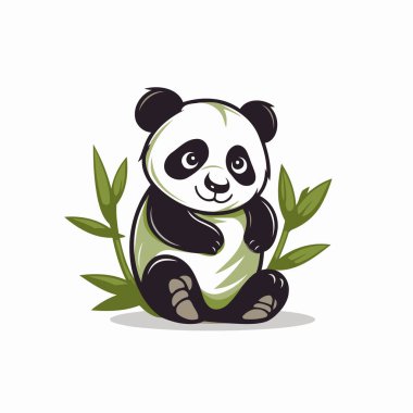 Yeşil bambu yapraklarının üzerinde oturan sevimli panda. Vektör illüstrasyonu