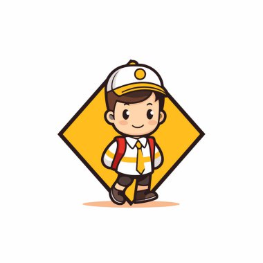 Güvenli Miğferli Yakışıklı Çocuk ve Sarı Yol İşaret Vektörü Resimleri