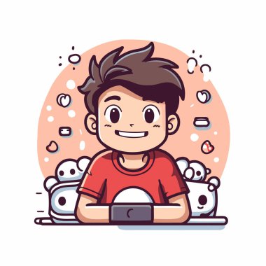 Elinde dizüstü bilgisayarı olan sevimli bir çocuk. Vektör illüstrasyonu.