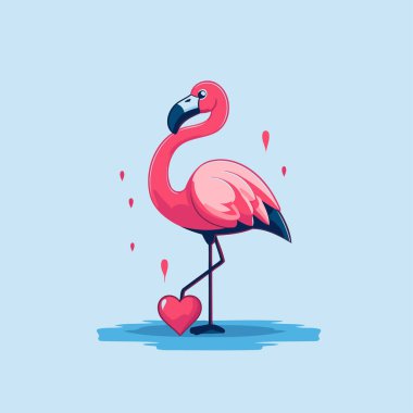 Mavi arka planda kalbi olan bir flamingo. Vektör illüstrasyonu.
