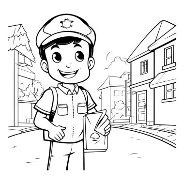 Bir postacının müşteriye mektup teslim edişinin siyah beyaz çizimi.