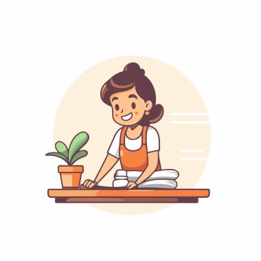 Önlüklü, ev ödevi yapan tatlı bir kız. Vektör illüstrasyonu.