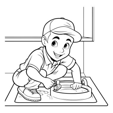 Bulaşık makinesini tamir eden tişört giyen küçük çocuğun siyah ve beyaz çizgi film çizimi