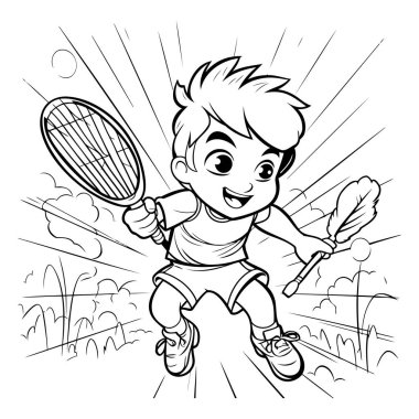 Badminton oynayan bir çocuk. Boyama kitabı için siyah ve beyaz vektör çizimi.