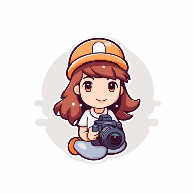 Kameralı tatlı kız fotoğrafçı. Çizgi film tarzında vektör illüstrasyonu.