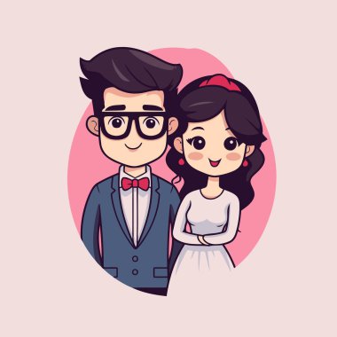 Pembe arka planda şirin bir gelin ve damat. Vektör illüstrasyonu.