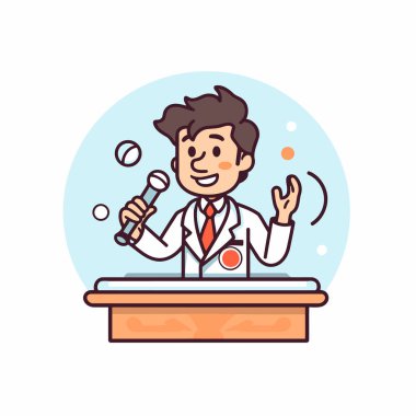 Doktorun konferans odasında mikrofonla konuşmasının vektör çizimi. Düz biçim tasarımı.