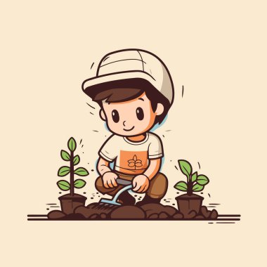 Bahçede çalışan sevimli küçük bir çocuk. Çocuk ekme. Vektör illüstrasyonu