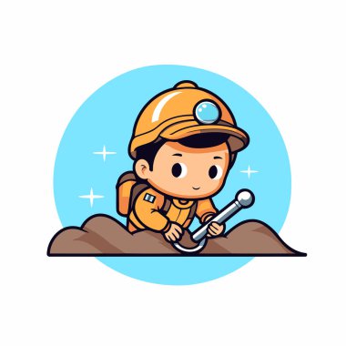 Kasklı, aletli şirin bir çocuk. Vektör illüstrasyonu.